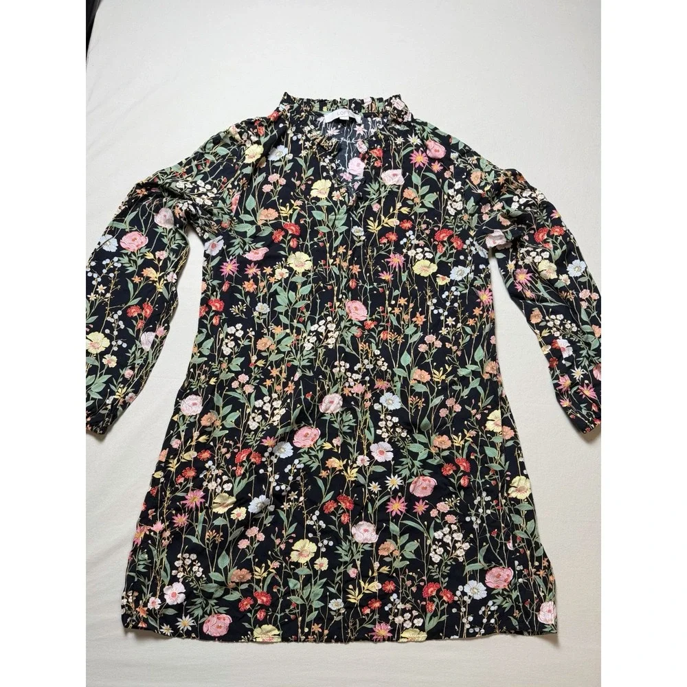 Loft M Black Floral Button Front Gathered Sleeve Knee Length Dark Romantic Dress